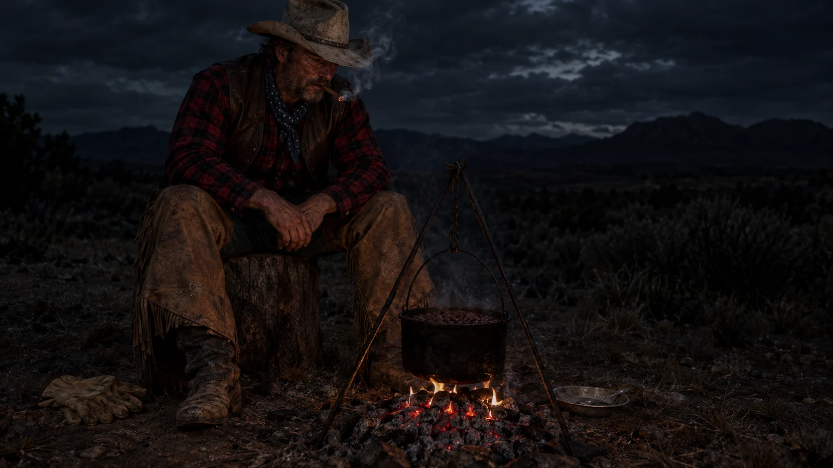 Um cowboy solitário observa feijões cozinhando em uma pequena fogueira à noite