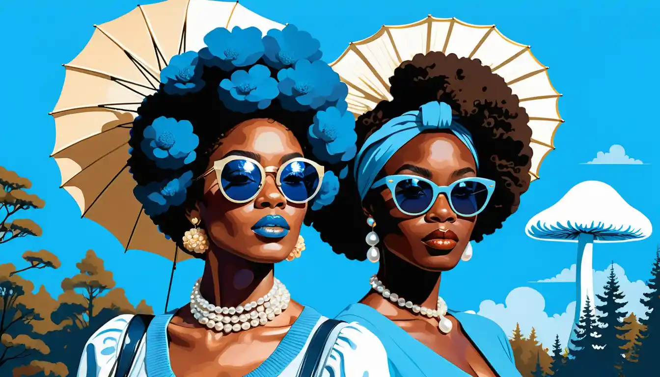 Duas mulheres com cabelos afro azuis e adornos de pérolas em arte impasto