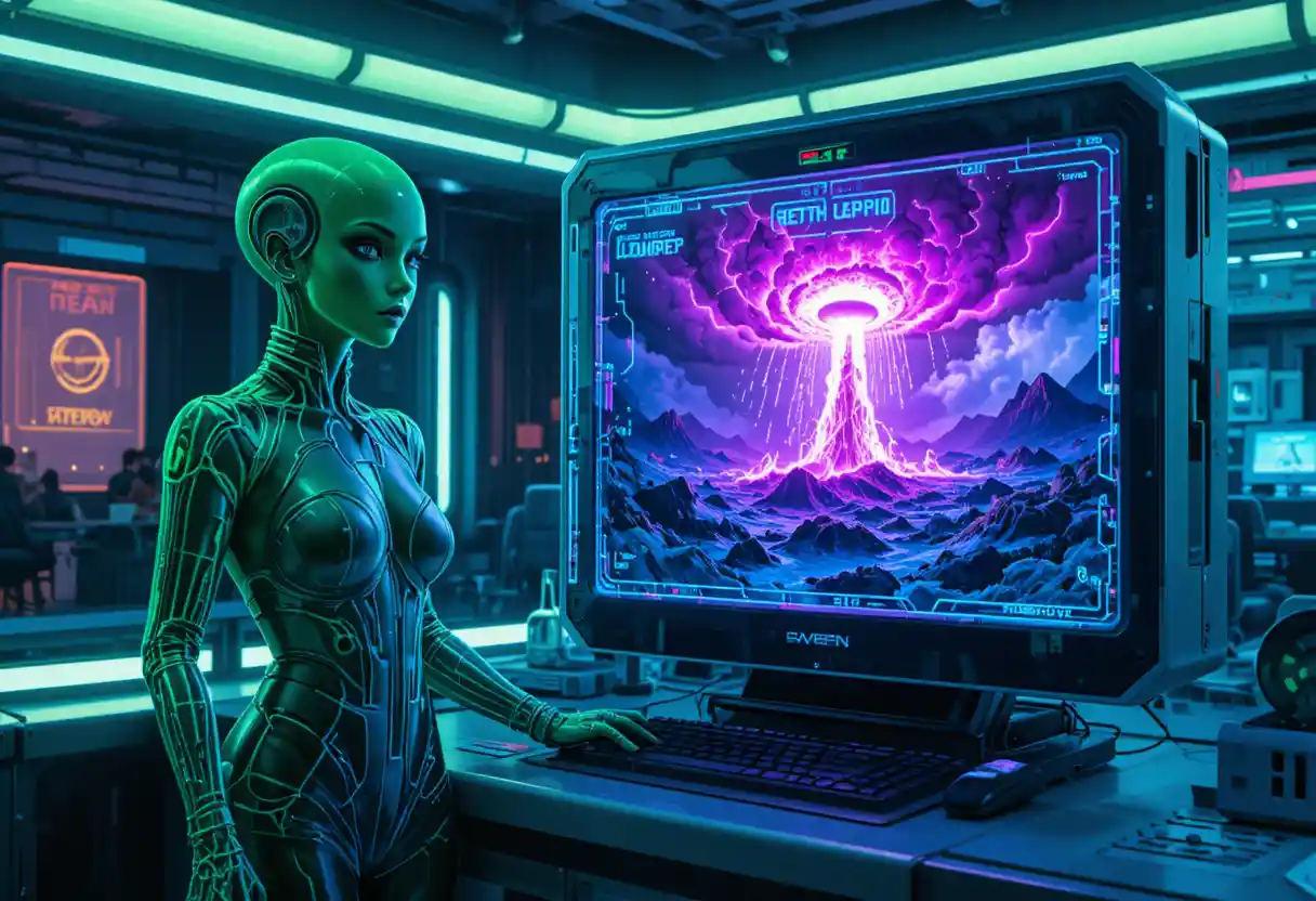 Um meteorologista alienígena ao lado de um projetor holográfico que exibe uma tempestade furiosa
