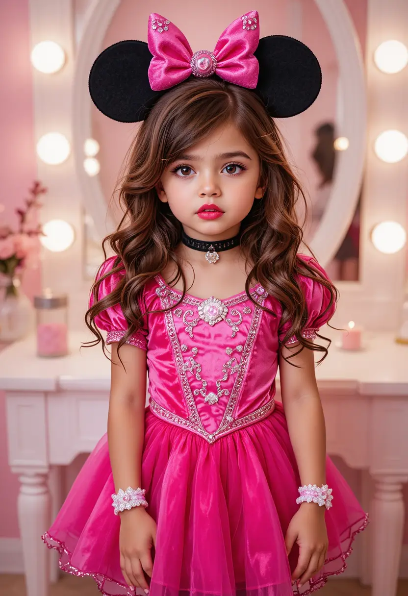 A nervous boy in a princess Minnie Mouse costume stands before a vanity