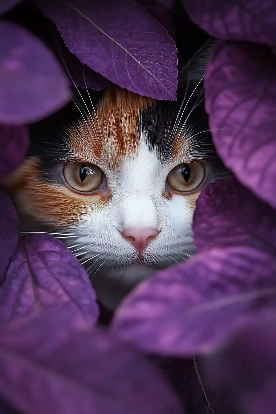 A calico cat peeks through purple autumn leaves with one paw visible