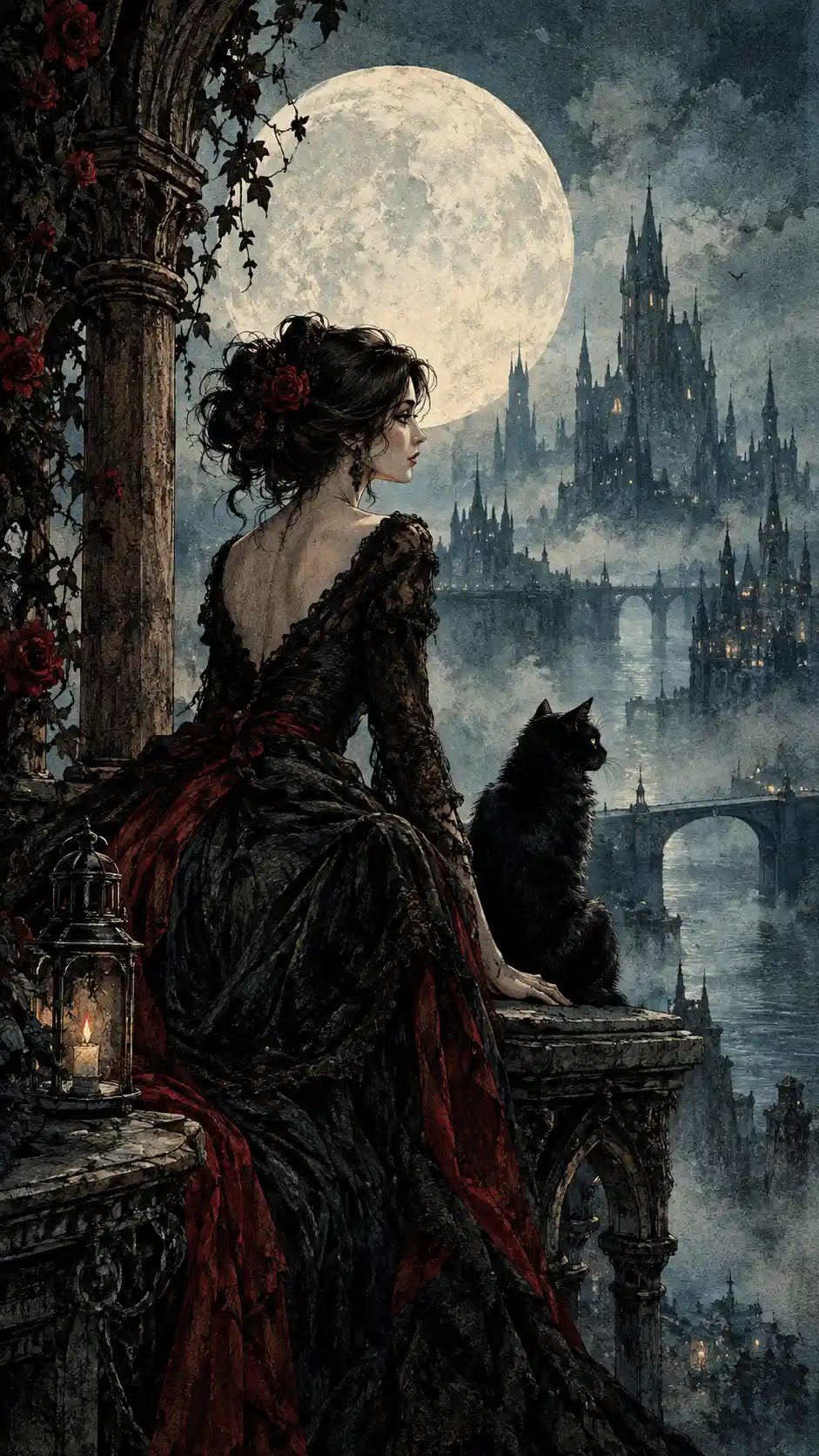 Eine Dark-Fantasy-Illustration mit Tuschestrukturen und mondbeschienener Gegenbeleuchtung