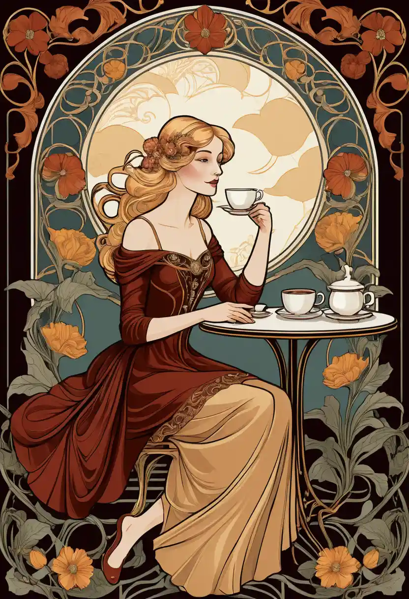 A blonde woman enjoys coffee at a Belle Époque café table