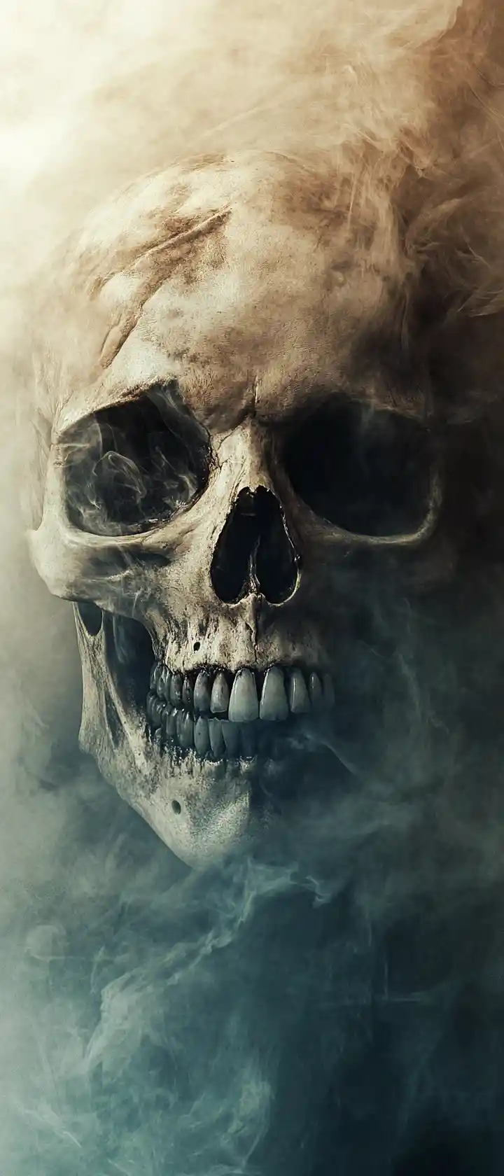 A sorrowful skull overlays a tearful face in soft ethereal light