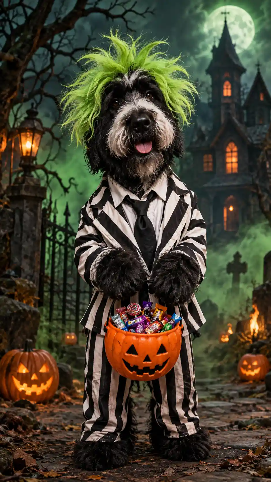 A Black Russian Terrier in a Beetlejuice Costume Stands for Halloween