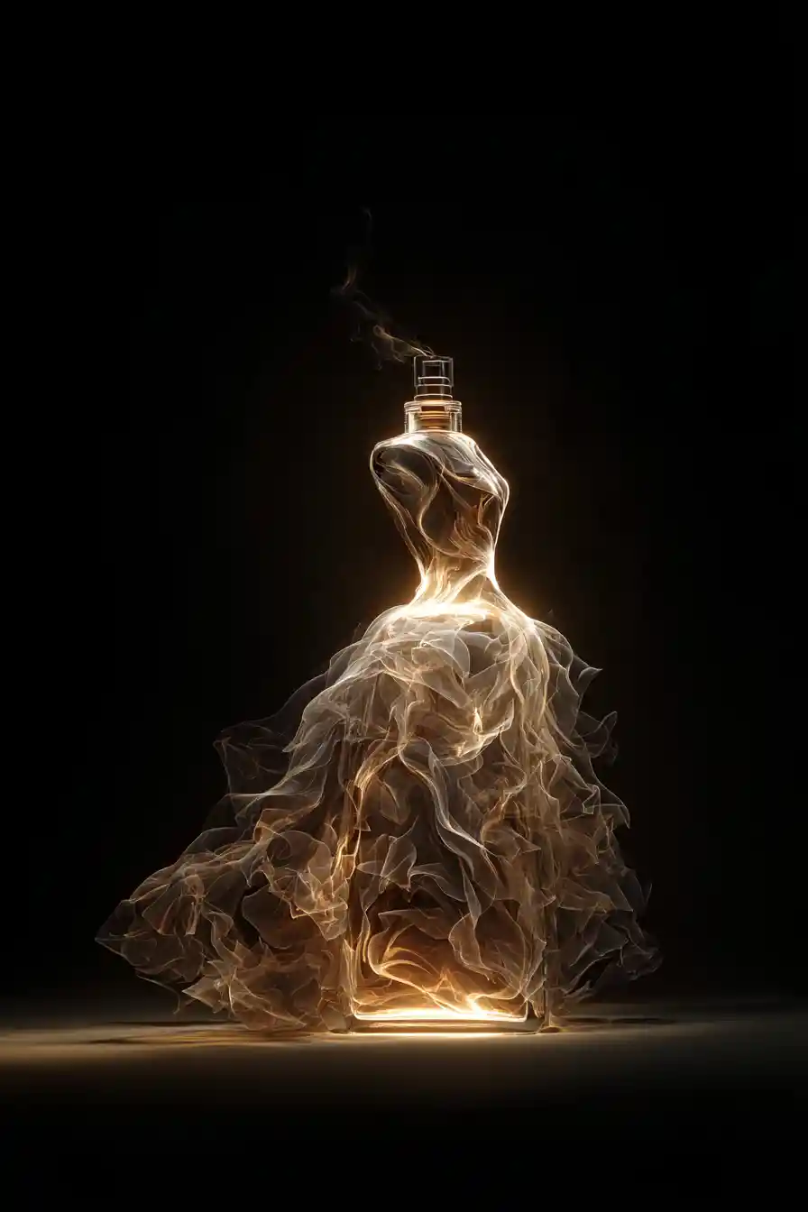 Uma silhueta feminina surreal formada por uma fragrância luminosa