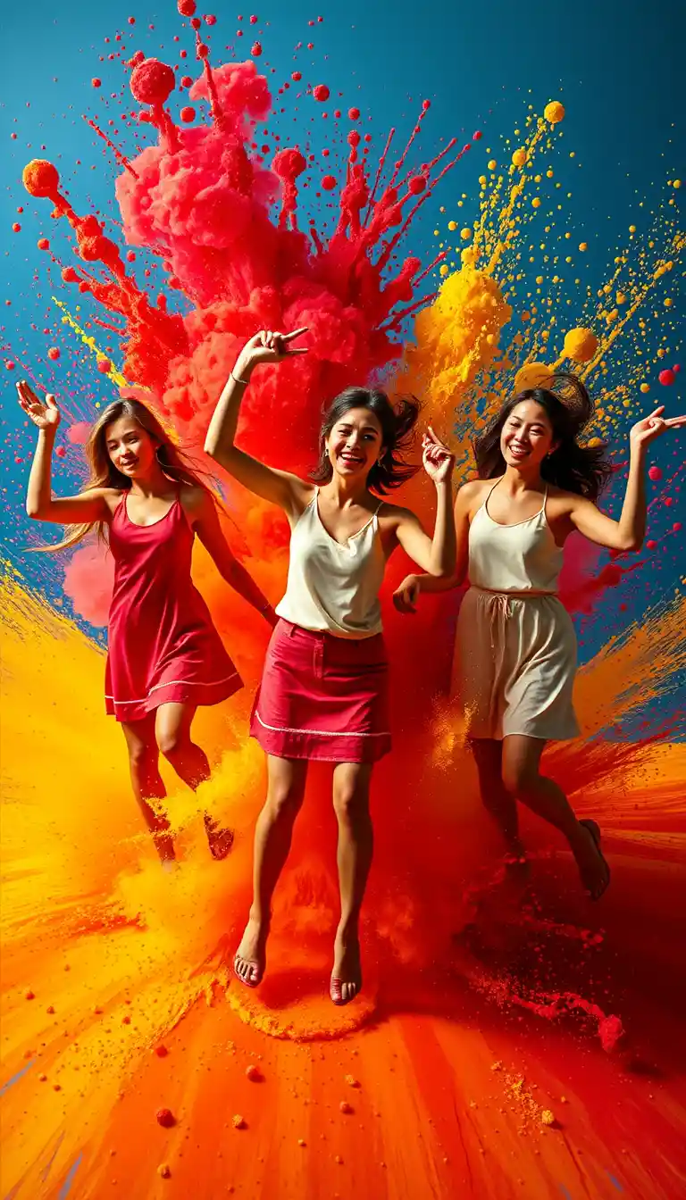 Six Figures Celebrate Together Amidst Vibrant Painted Color Splashes