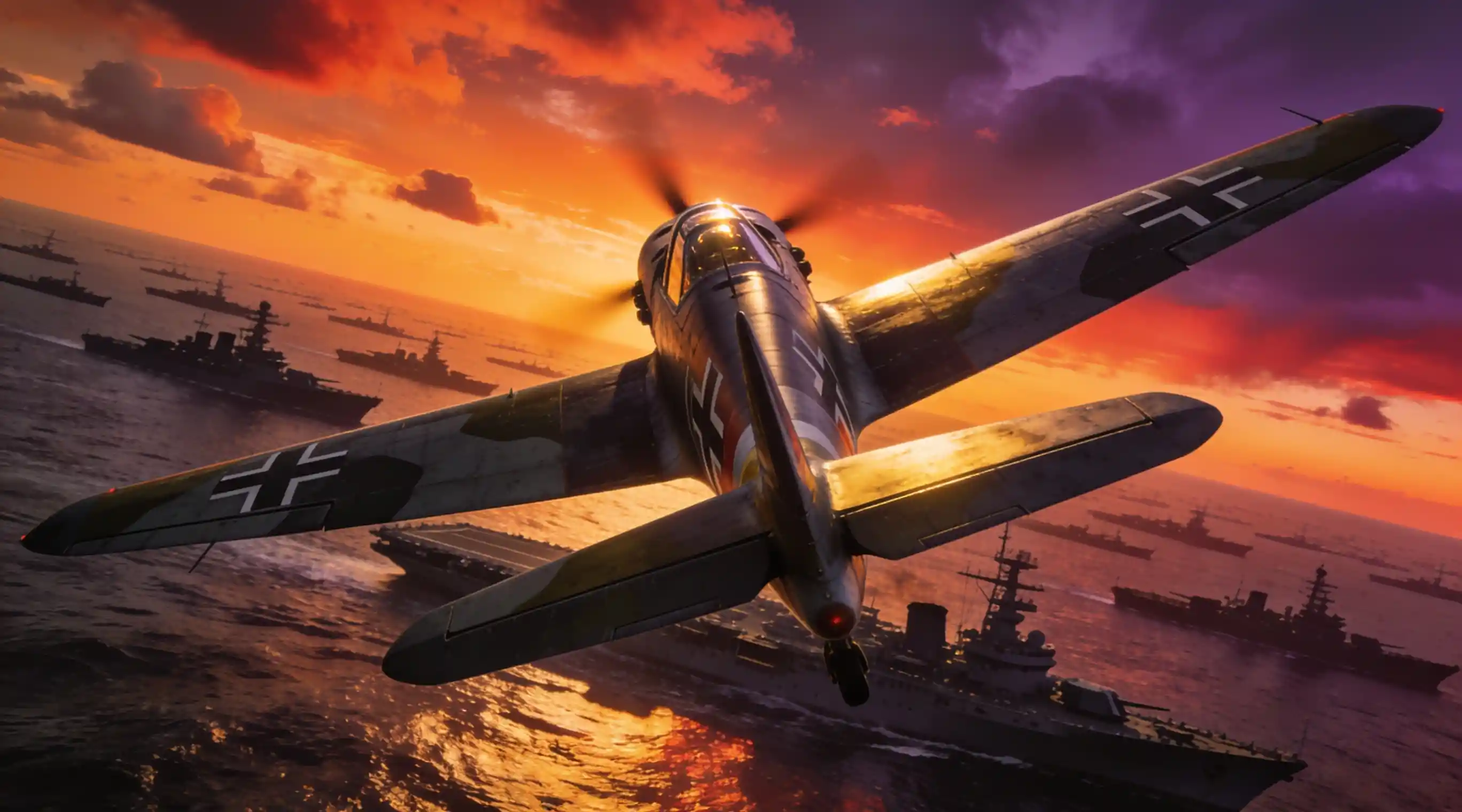 A Bf 109 Flies Low Over a World War II Carrier Fleet at Sunset