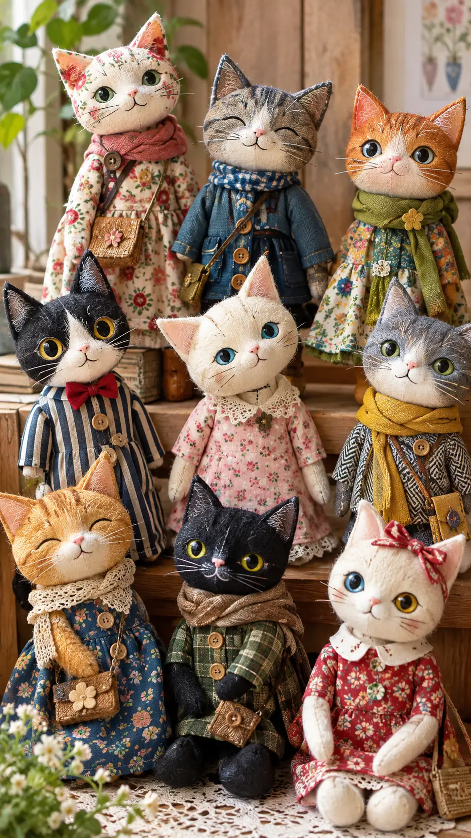 Coleção de bonecas de gato artesanais em tecidos estampados