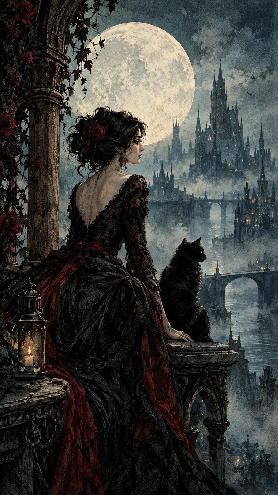 A Dark Fantasy Illustration With Inked Textures and Moonlit Backlighting