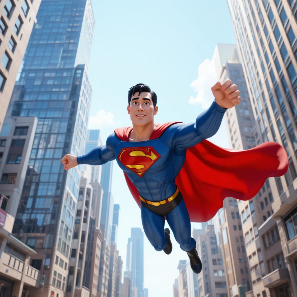Superman atravessa o céu em direção a um robô gigante