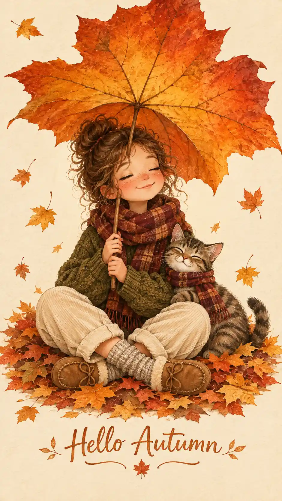 A young girl sits beneath a maple leaf umbrella beside her tabby kitten
