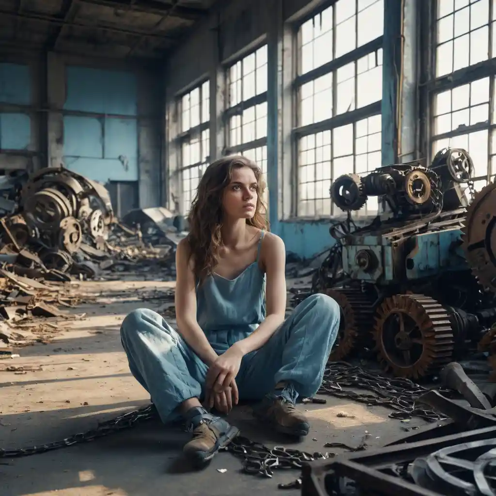 A young woman sits cross-legged with a thoughtful gaze