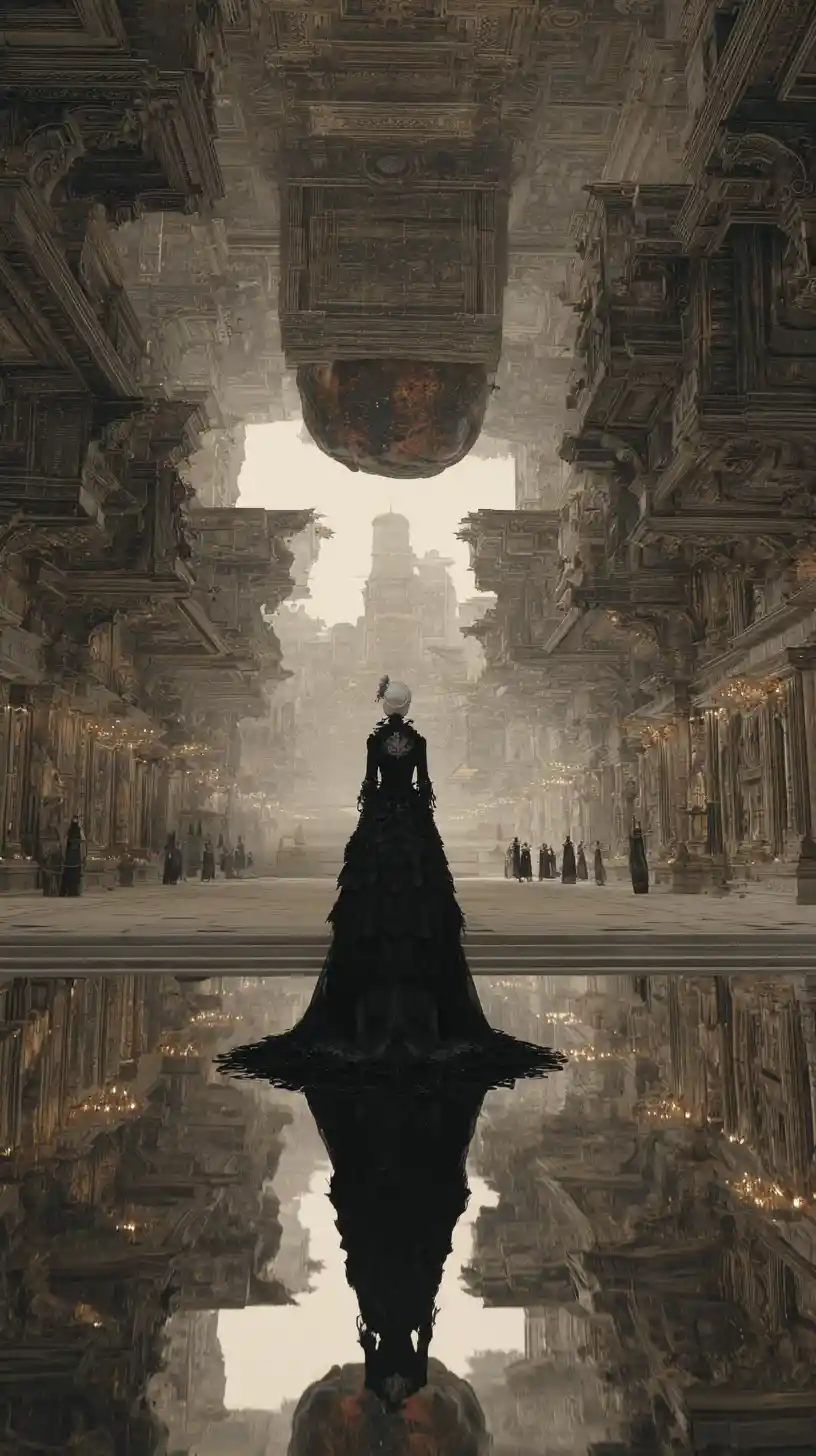 An upside-down Victorian ballroom floats above a vast black ocean