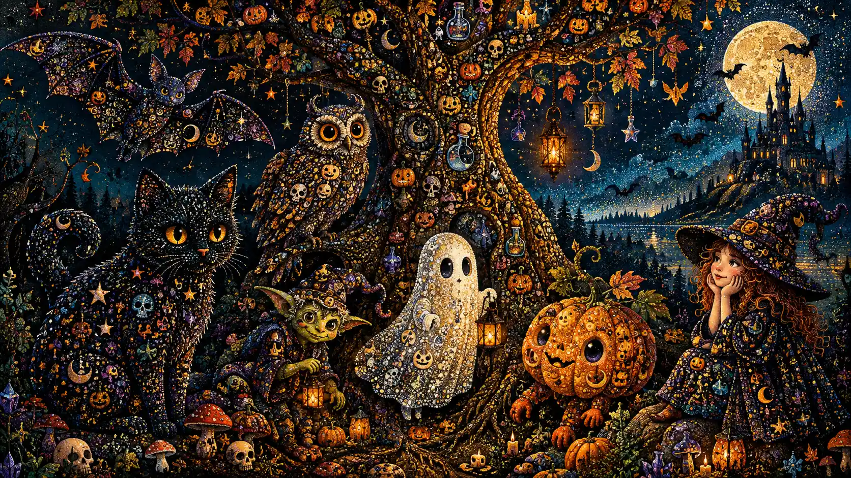 Criaturas de Halloween se reúnen alrededor de un árbol encantado en una ilustración punteada