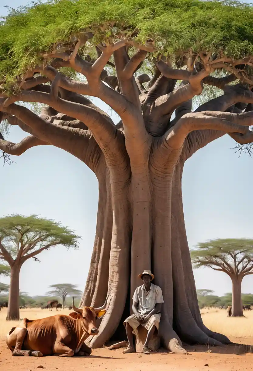 A herder and zebu cow rest beneath a baobab on the savanna