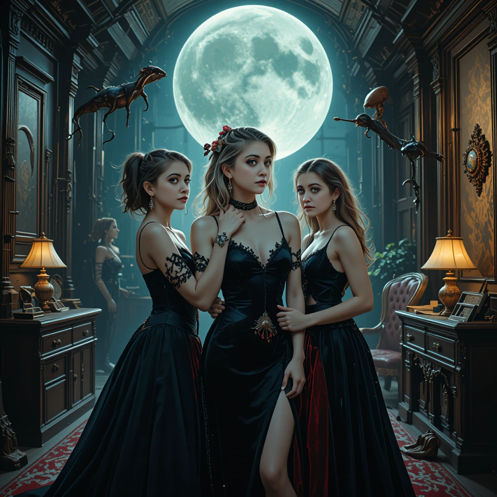 Un vampire mord une femme sous la pleine lune dans un bureau gothique