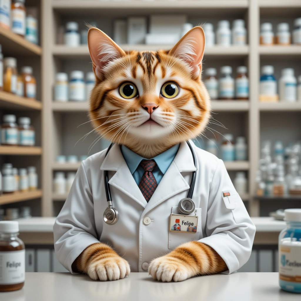 A professional cat pharmacist stands behind a counter of medicine bottles