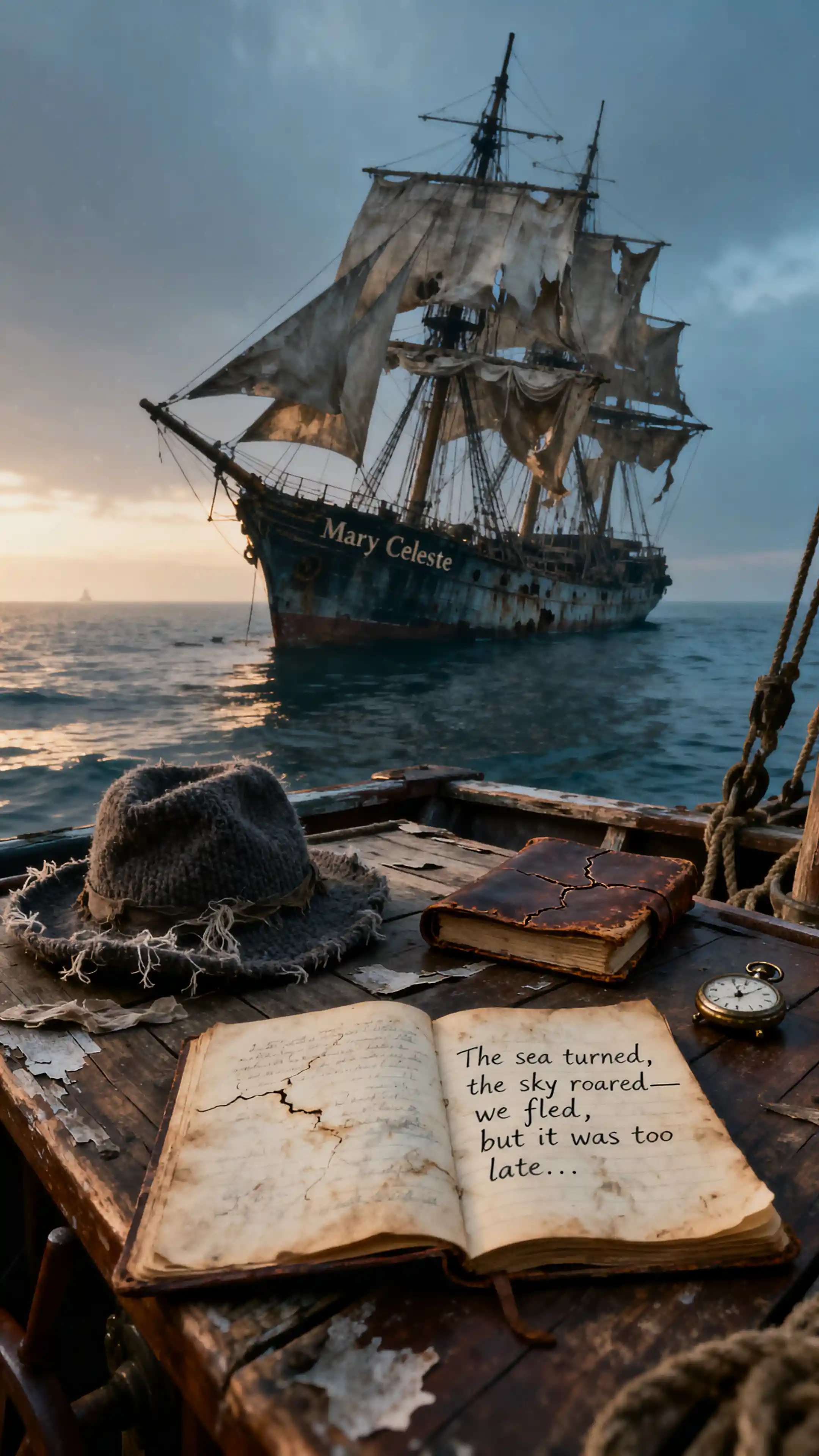 An abandoned sailing ship lies alone at sea