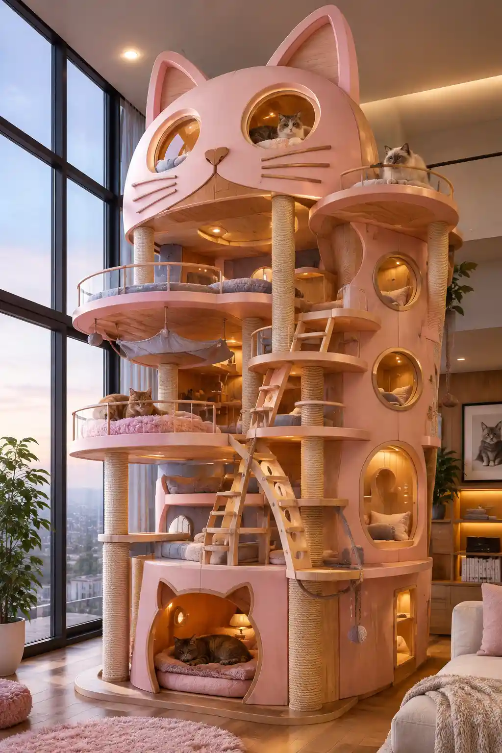 A cat-shaped indoor treehouse glows within a modern room