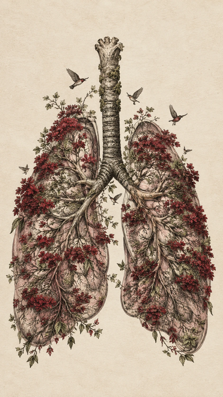 Surreal human lungs transformed into a living forest of branches