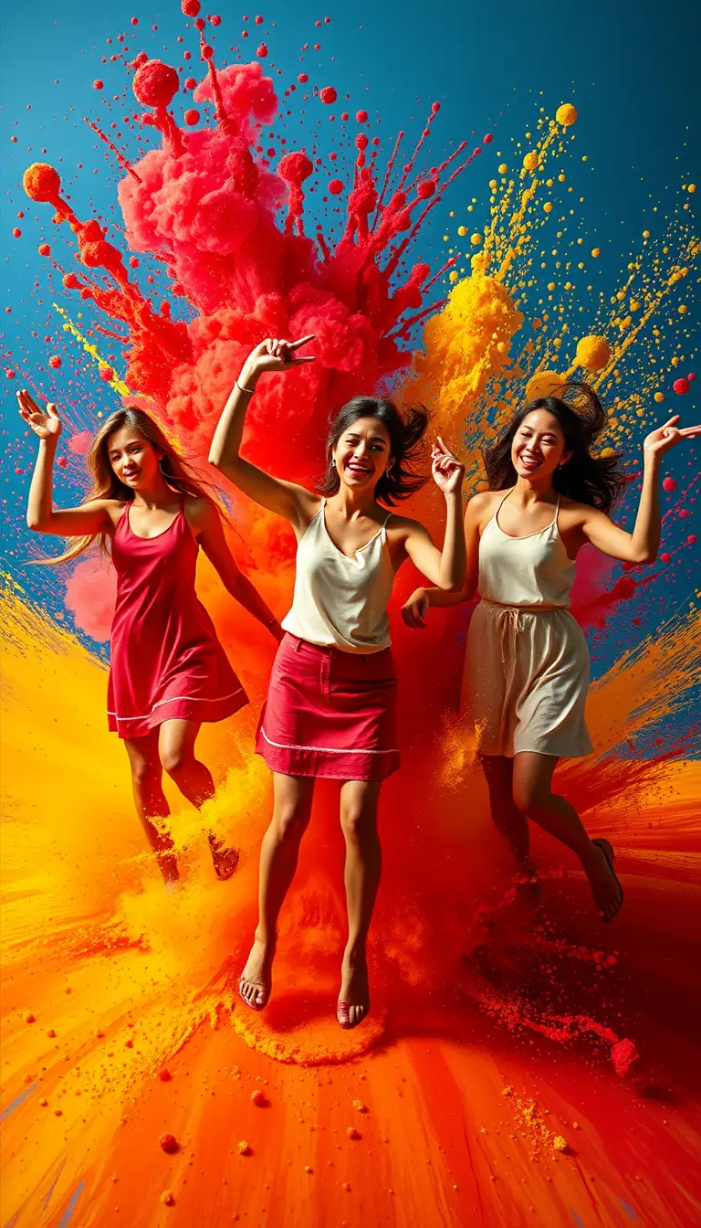 Six Figures Celebrate Together Amidst Vibrant Painted Color Splashes