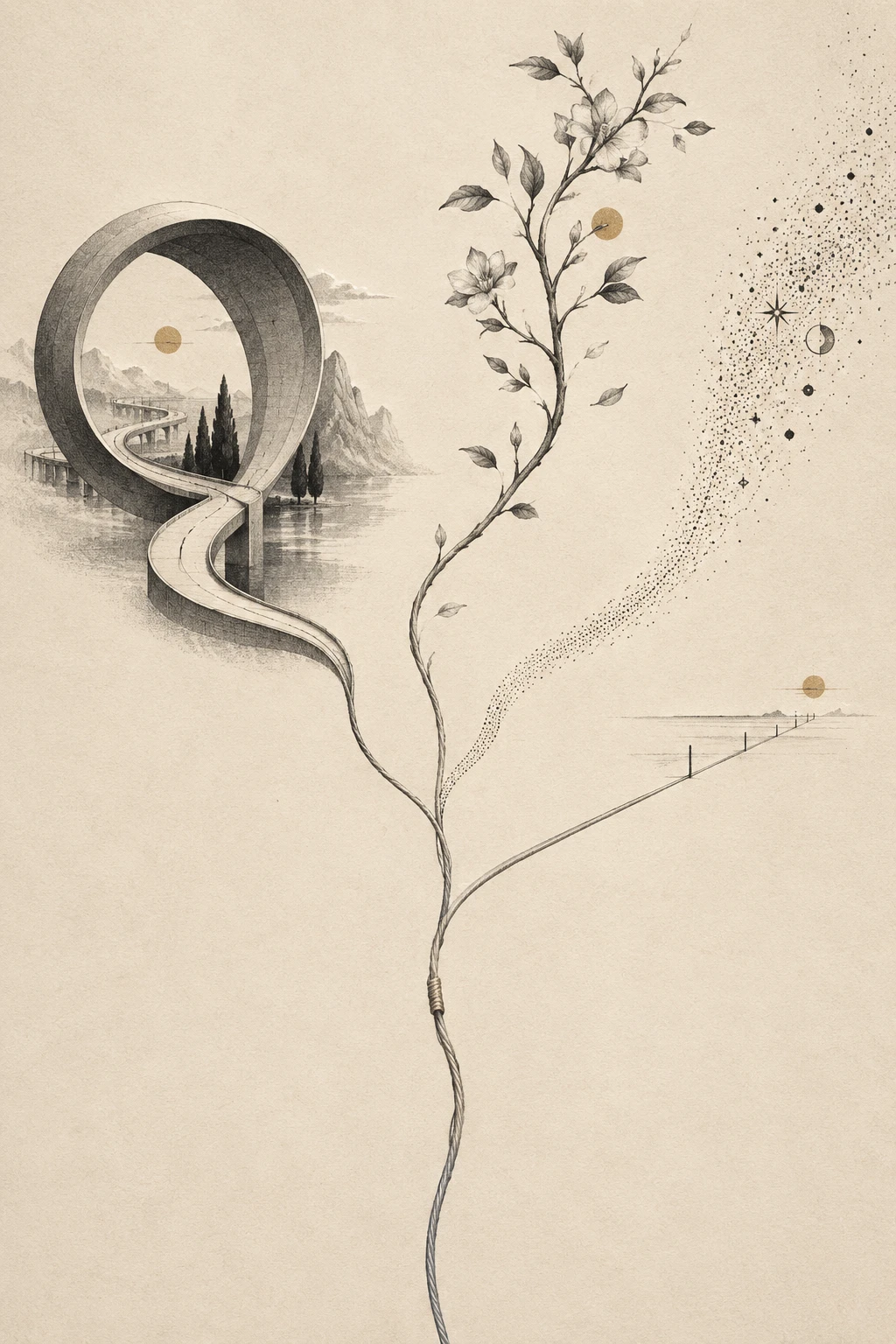 A Continuous Thread Branches Into Diverging Paths Across an Ivory Field