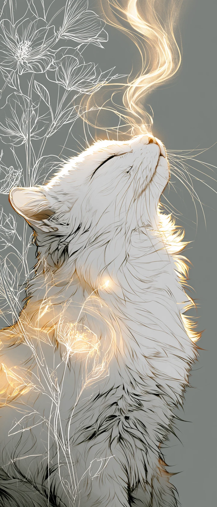 A White Cat Gazes Upward as Golden Wisps Glow Around Its Nose