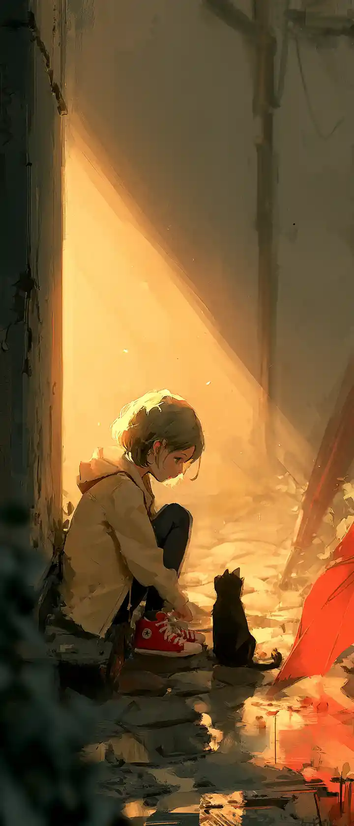 Ein kleines Mädchen verbringt einen stillen Moment mit einer Katze in einer Gasse