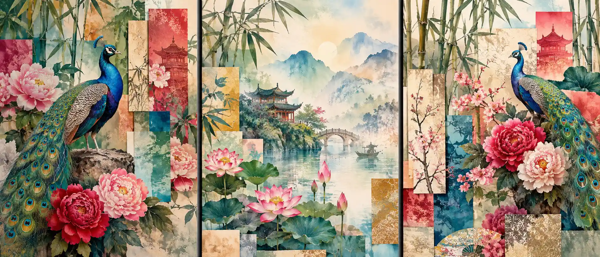 Un triptyque de paons et de fleurs dans un paysage asiatique en strates