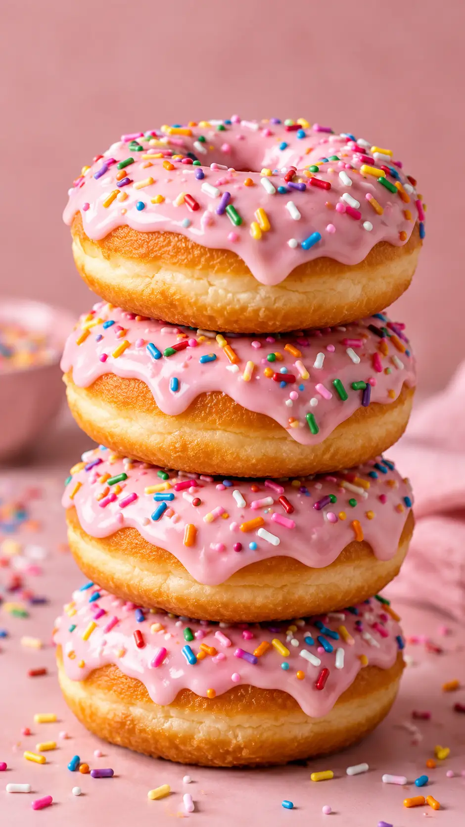 Uma pilha de donuts com cobertura rosa e confeitos coloridos de arco-íris
