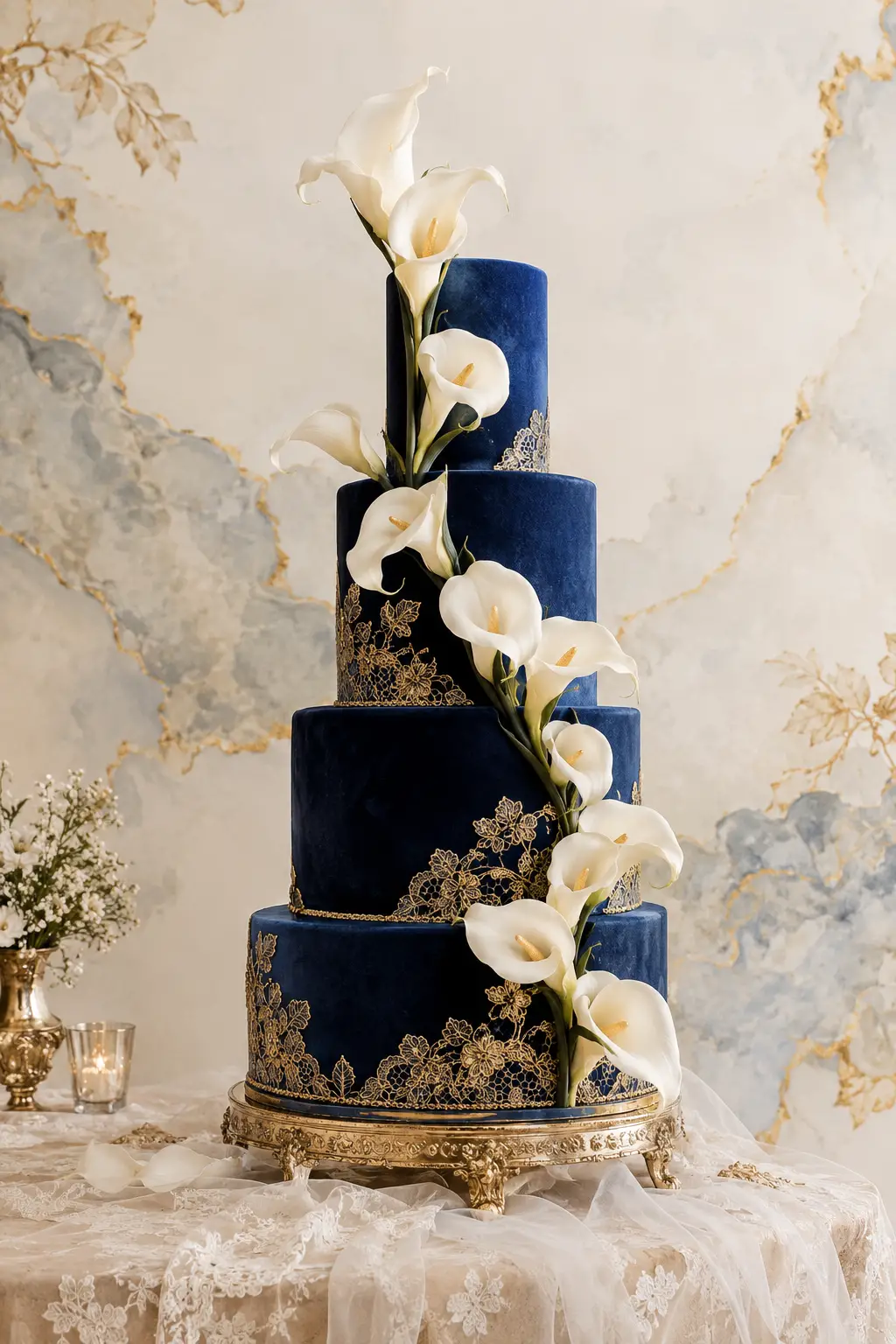 Um bolo de casamento azul-escuro de vários andares com copos-de-leite brancos em cascata