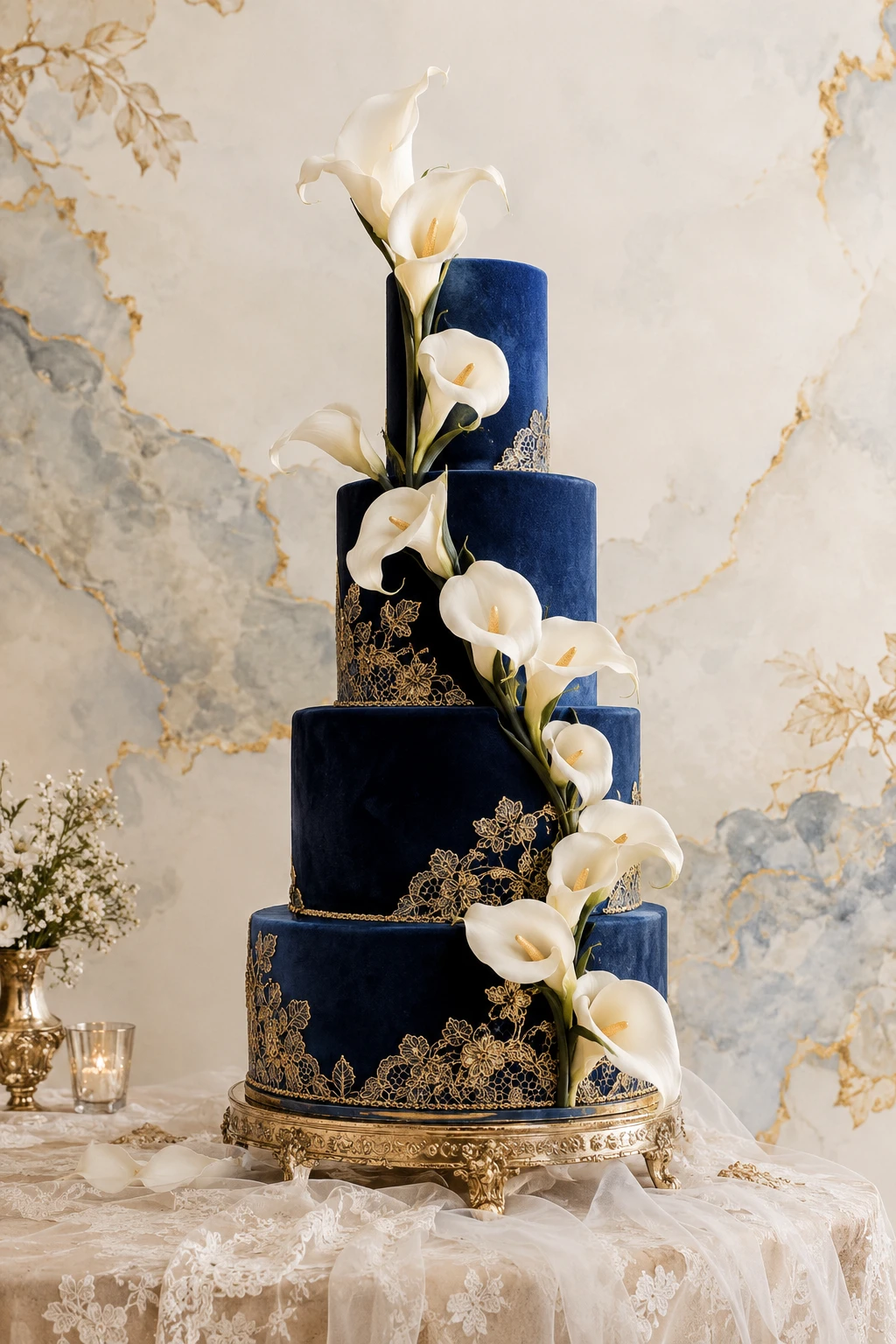 A Dark Blue Tiered Wedding Cake With Cascading White Calla Lilies