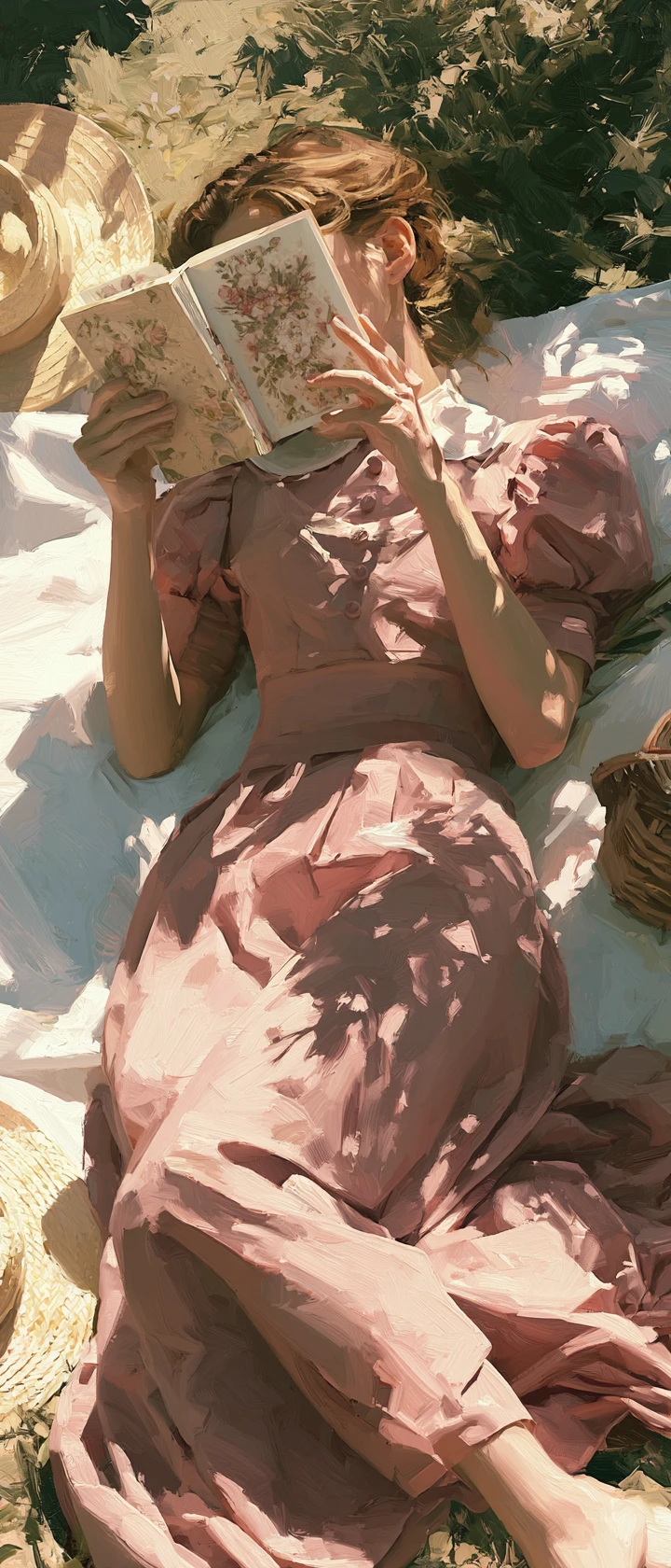 陽光あふれる野原で花柄の本の下に横たわる若い女性