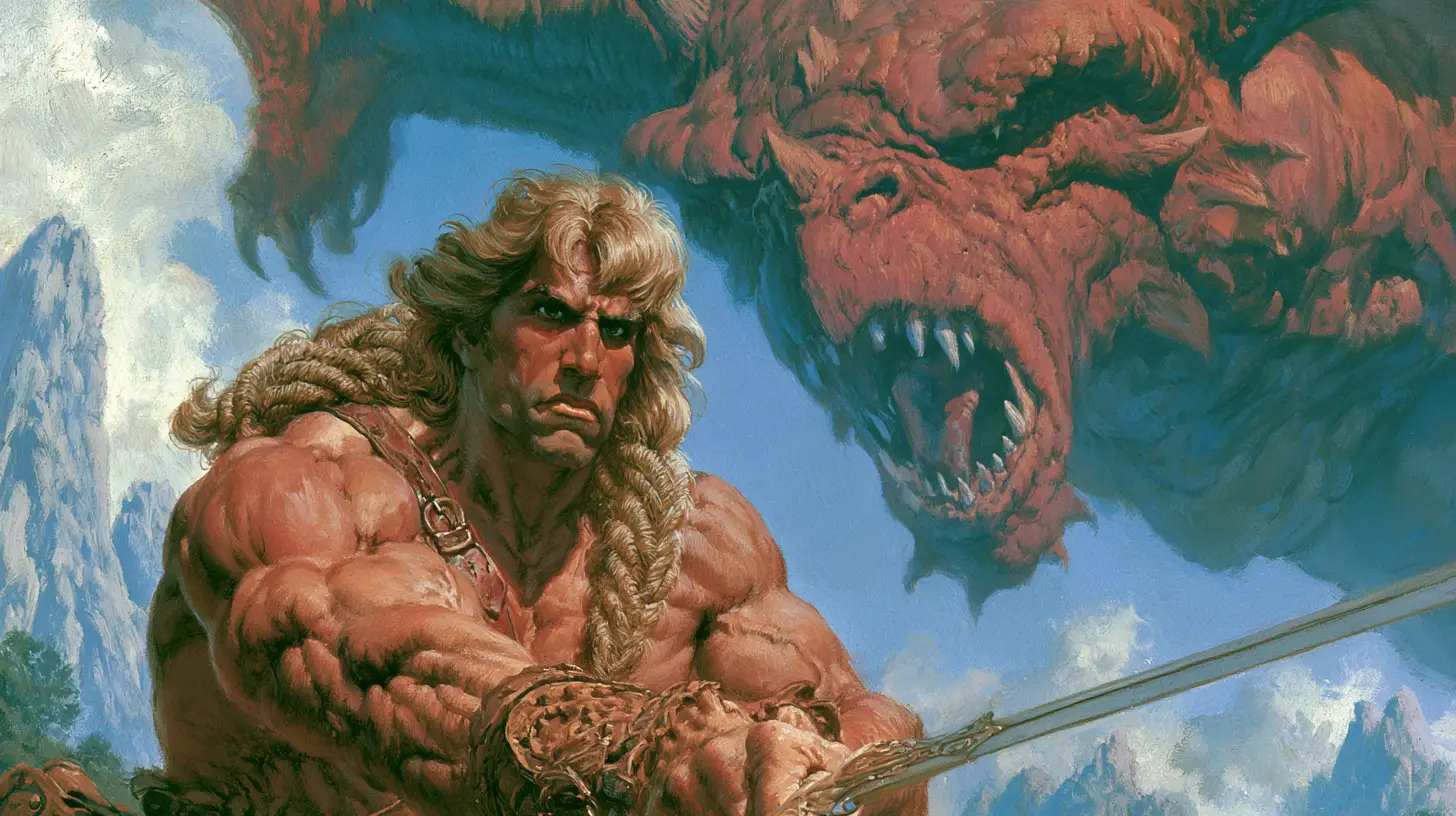 Ein Barbar mit geflochtenem Haar stellt sich auf einem kleinen Hügel einem herabstürzenden Drachen