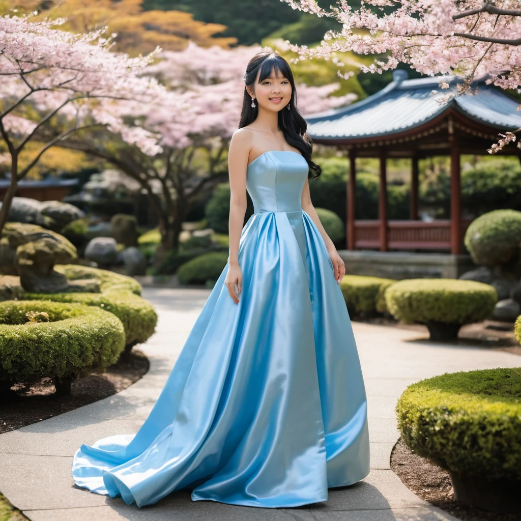 Uma jovem princesa japonesa alegre, vestida de azul, está num jardim