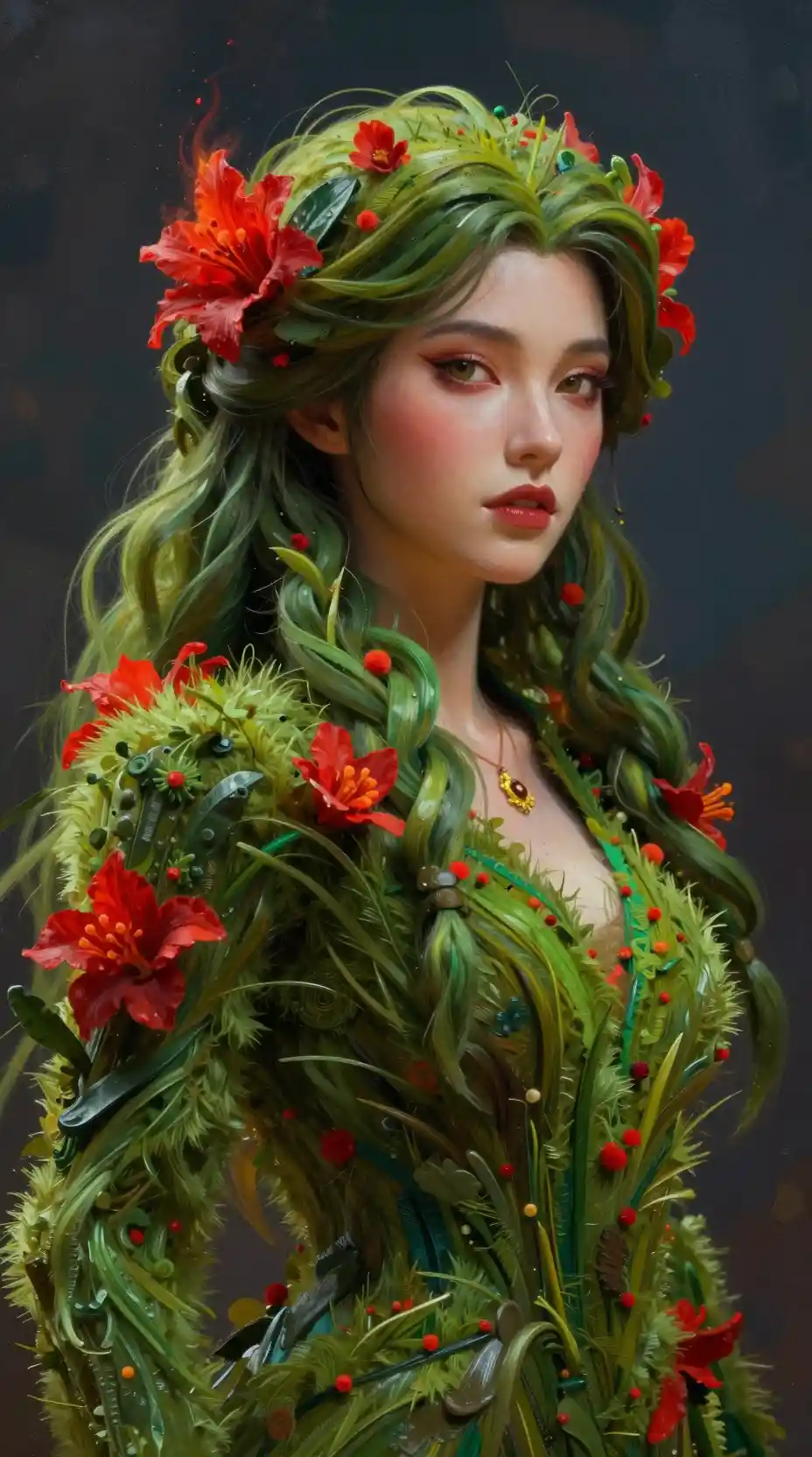 Uma mulher formada por grama e flores vermelhas em close-up