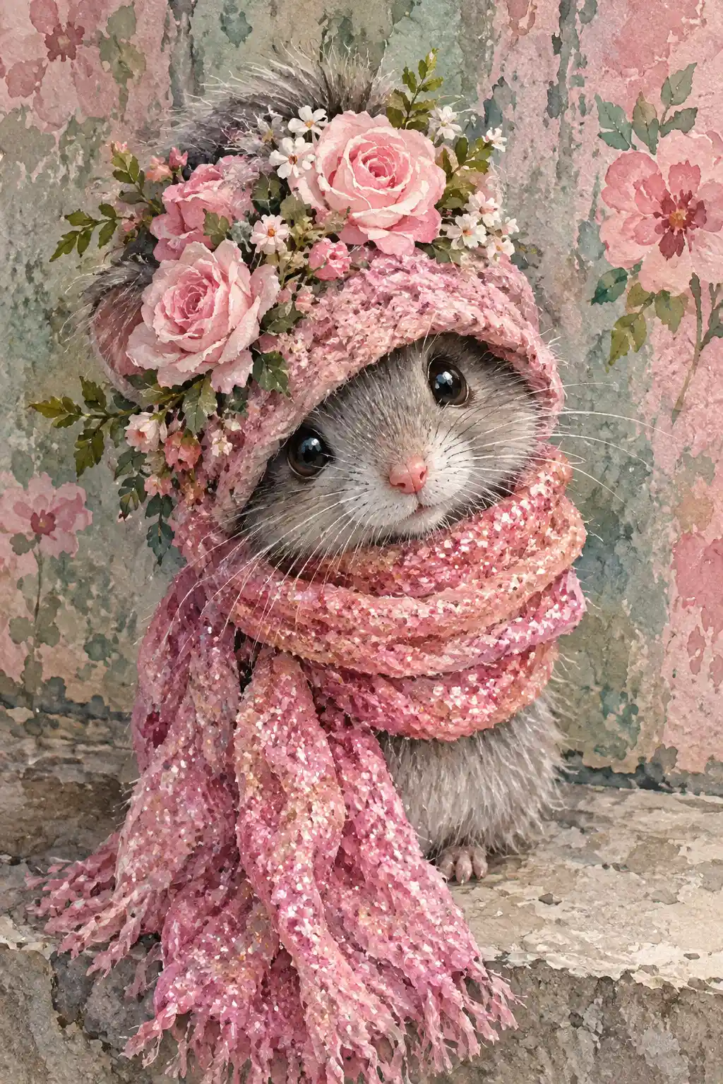 Eine Aquarellmaus sitzt mit Blumenhut auf Beton