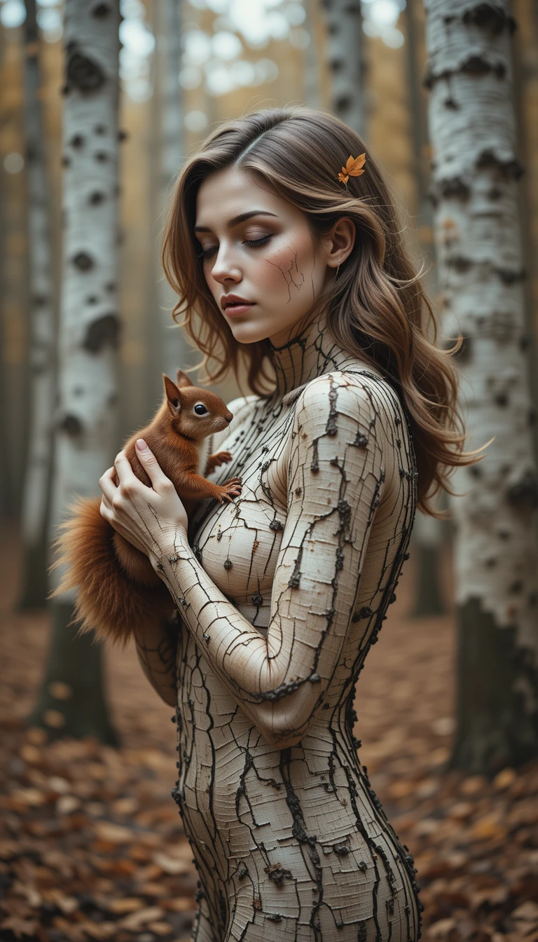 Uma mulher com pele de casca de bétula segura um esquilo em uma floresta tranquila