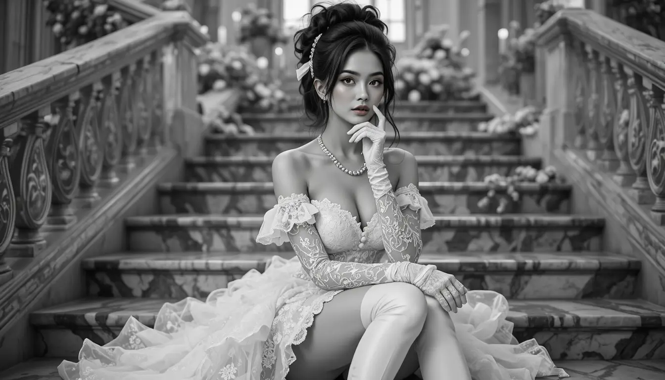 一位華麗的女性身穿精緻白色蕾絲，坐在大理石階梯上