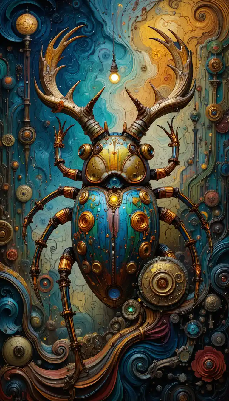 Un escarabajo ciervo mecánico con un elaborado estilo steampunk
