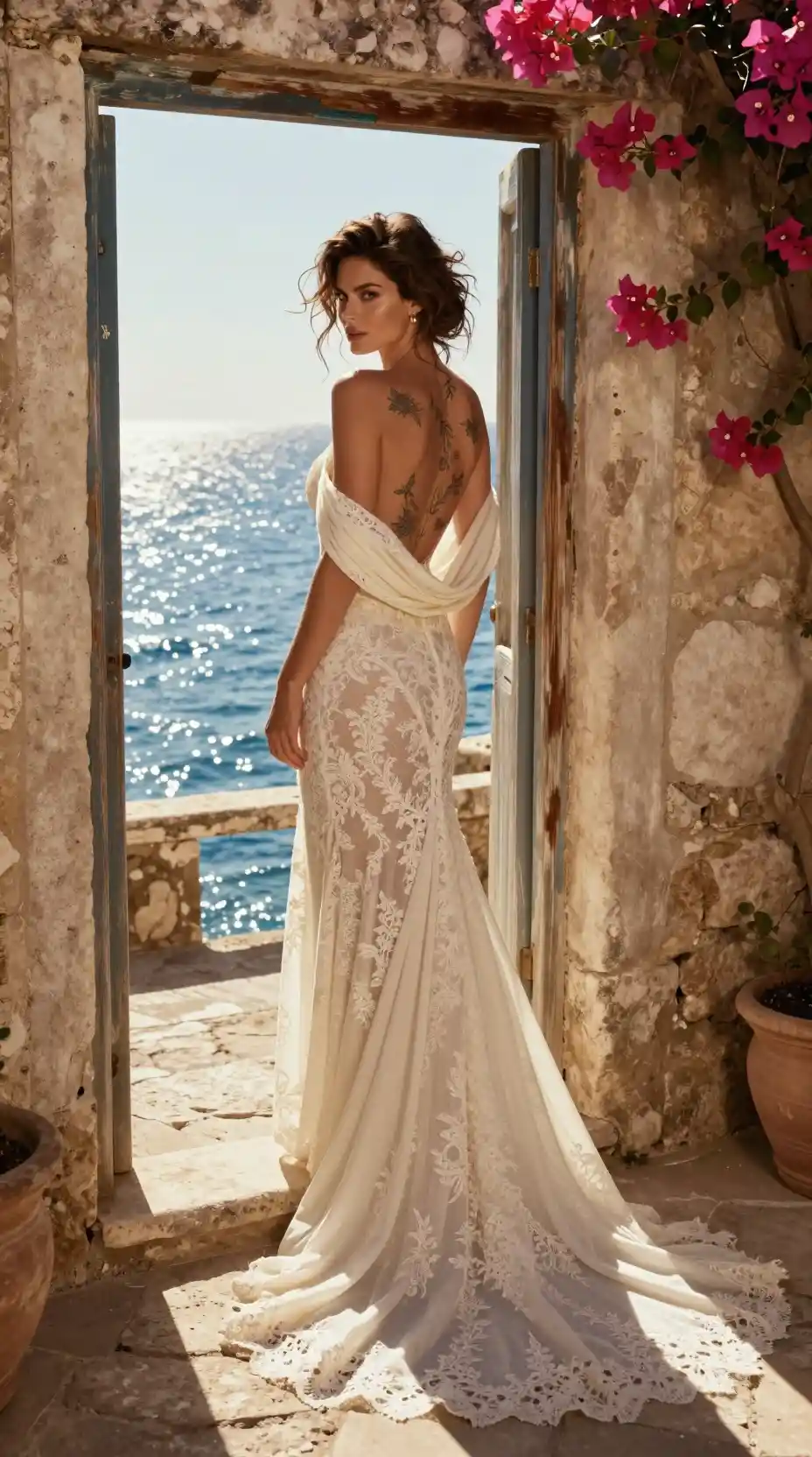 A glamorous woman looks back from a stone doorway by the sea
