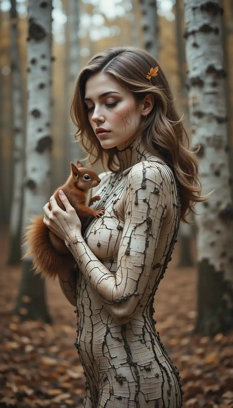 Uma mulher com pele de casca de bétula segura um esquilo em uma floresta tranquila