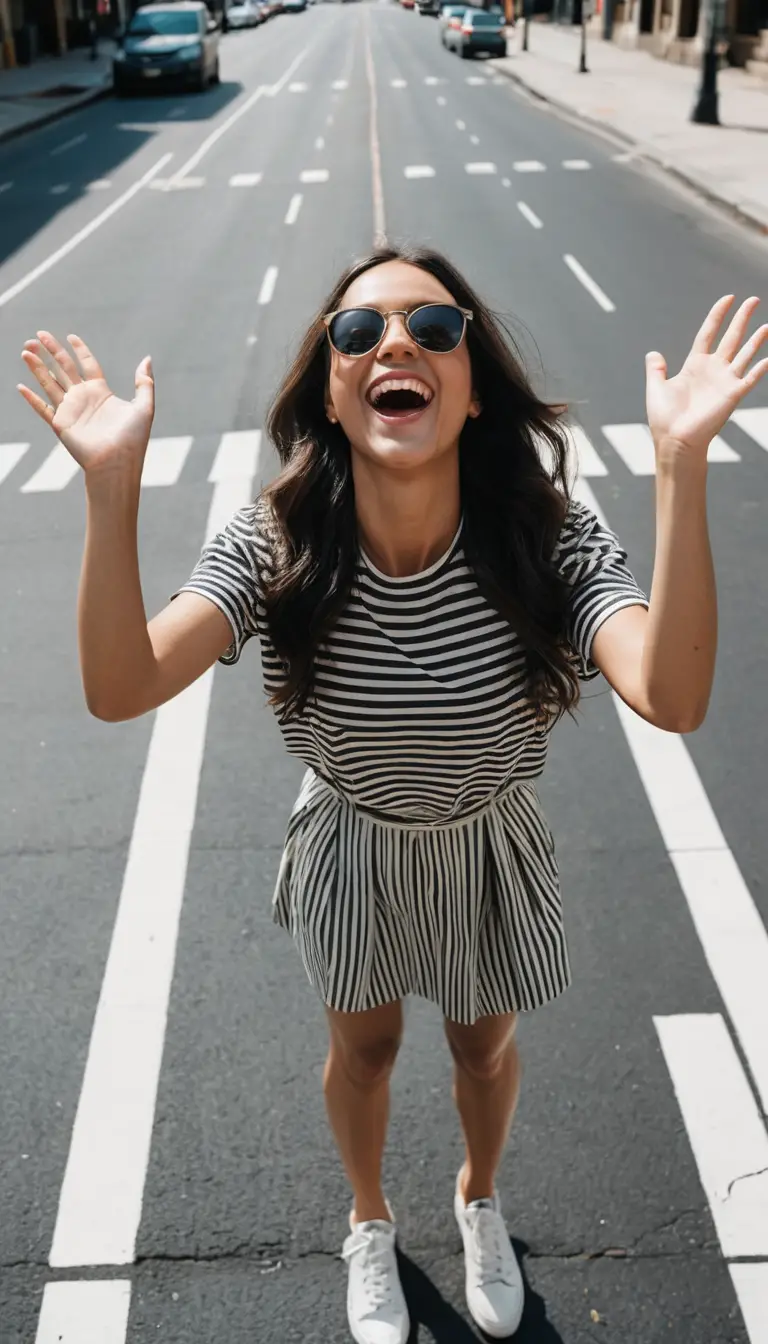 Young woman laughing on a city street in bright sunlight