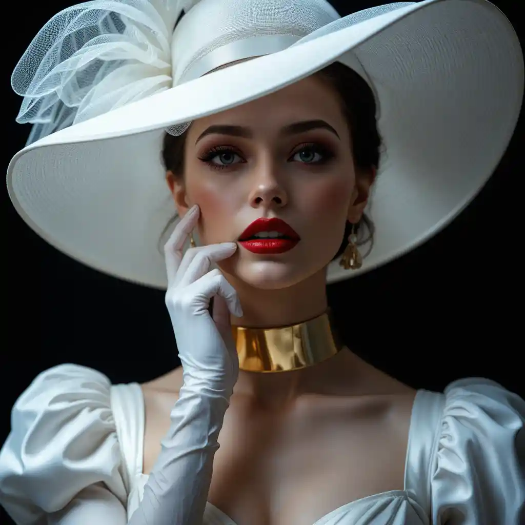 Uma mulher glamorosa com chapéu branco, vestido de seda e gargantilha dourada
