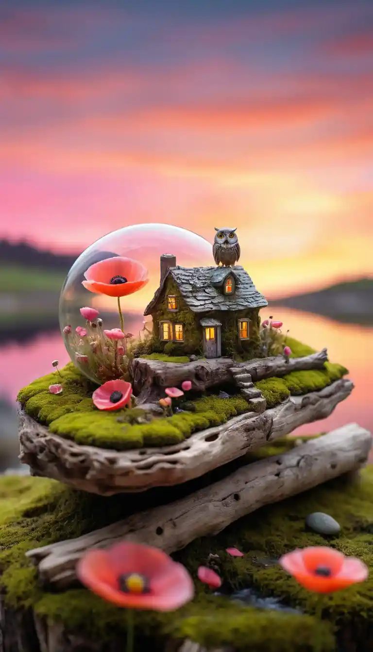 Eine Miniatur-Sonnenuntergangslandschaft wird auf moosbewachsenes Treibholz projiziert