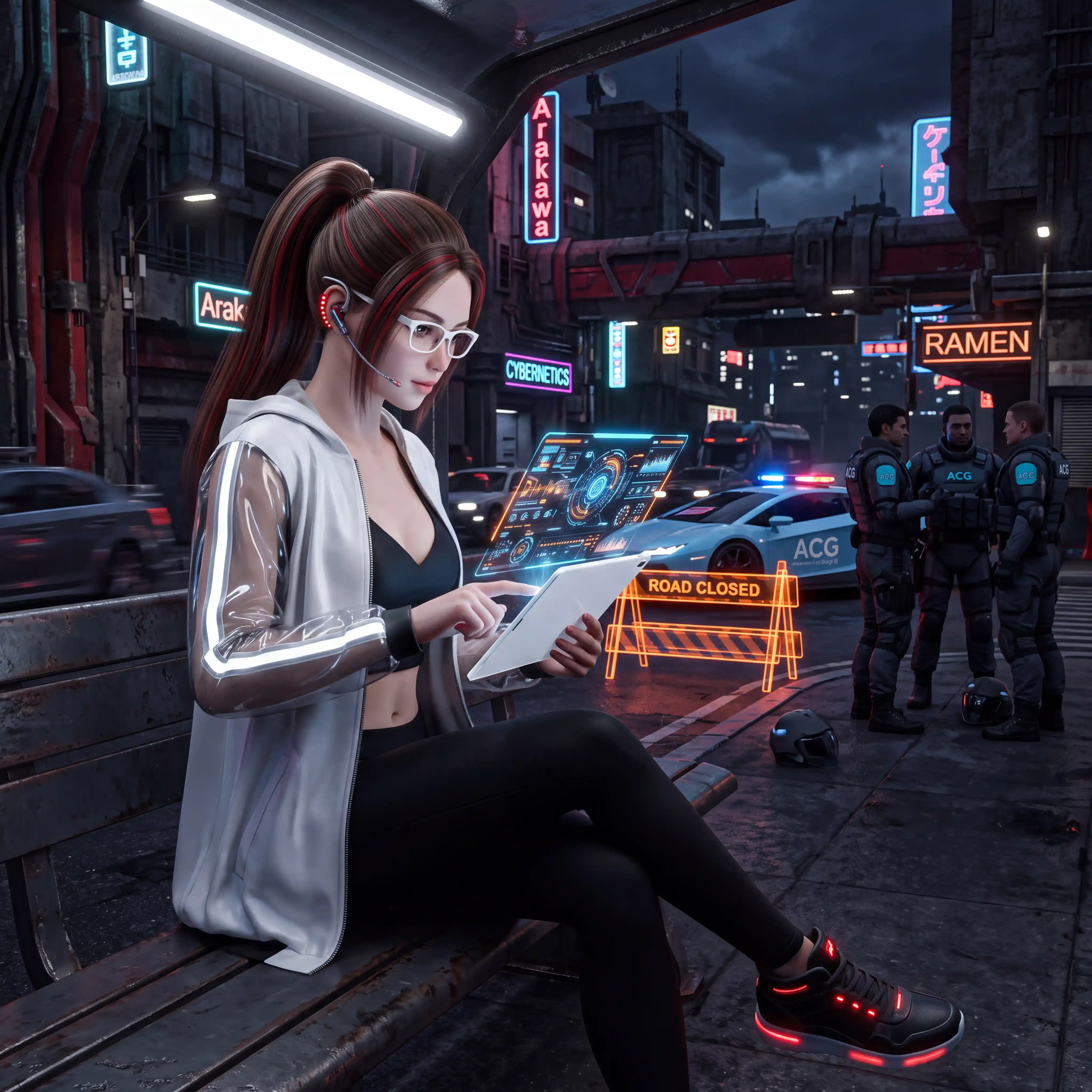 Uma mulher futurista interage com um tablet holográfico flutuante em um banco na cidade