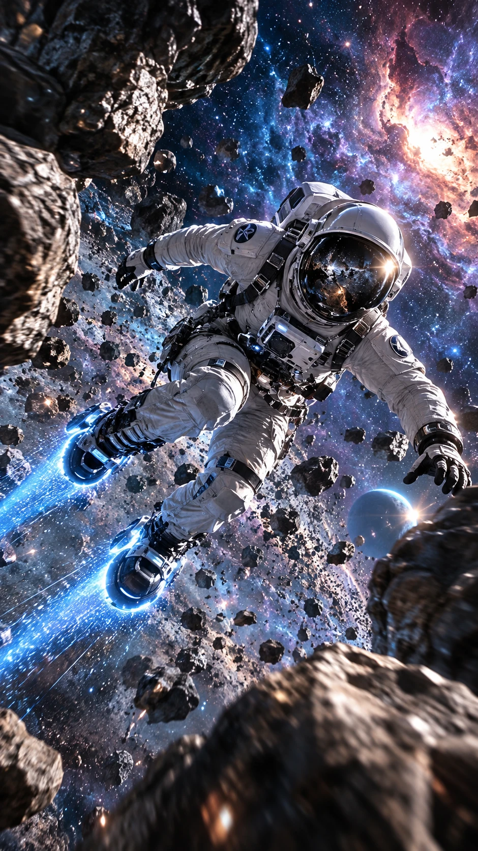 Un astronauta esegue manovre acrobatiche in un fitto campo di asteroidi nello spazio