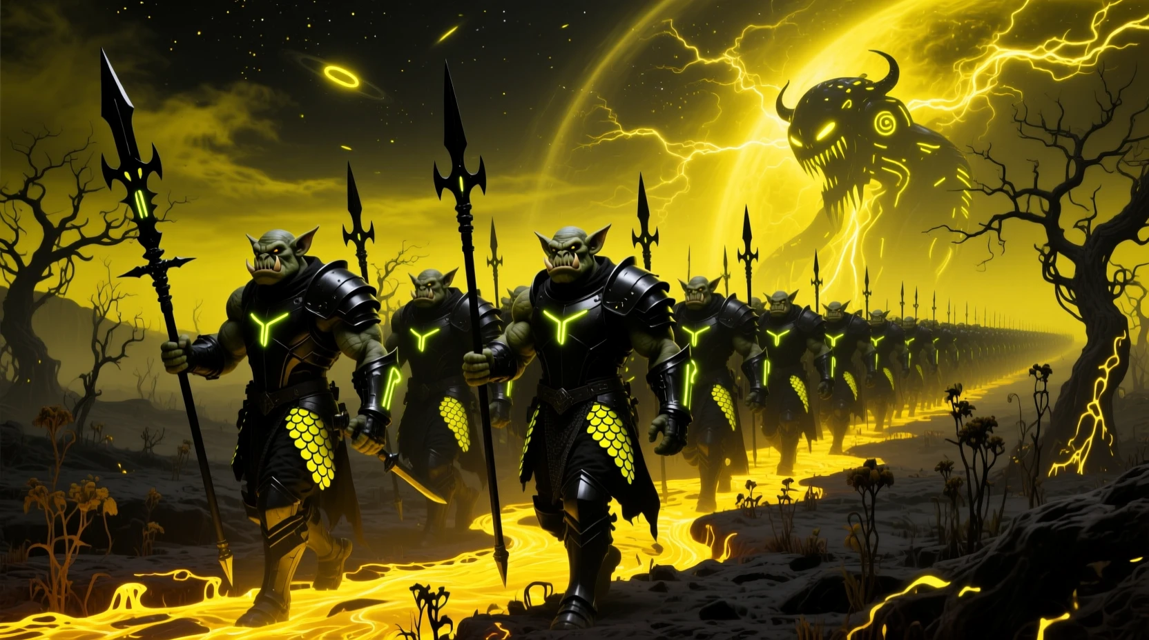 Orcs blindados marcham por um deserto de pesadelo iluminado pela lava