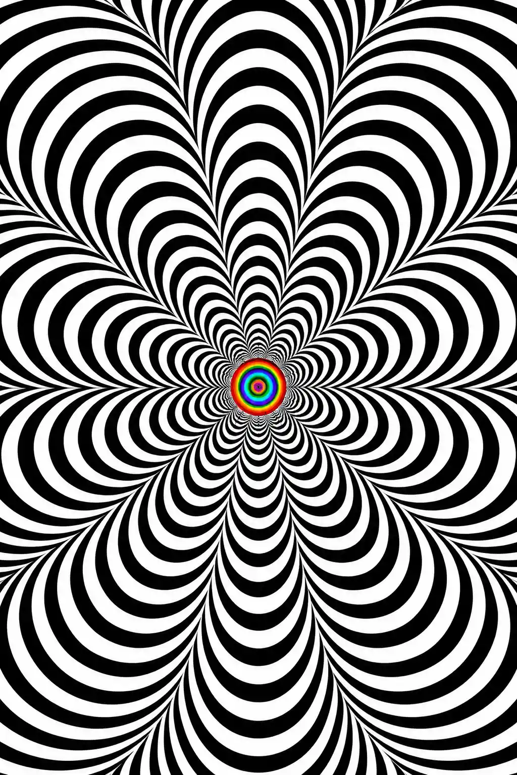 Op art en blanco y negro con un mandala arcoíris en el centro